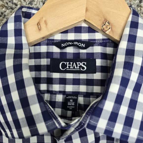 Chaps Shirt Mens 16 34/3 Blue Button Up Gingham Check Non Iron Cotton Casual - Picture 6 of 7